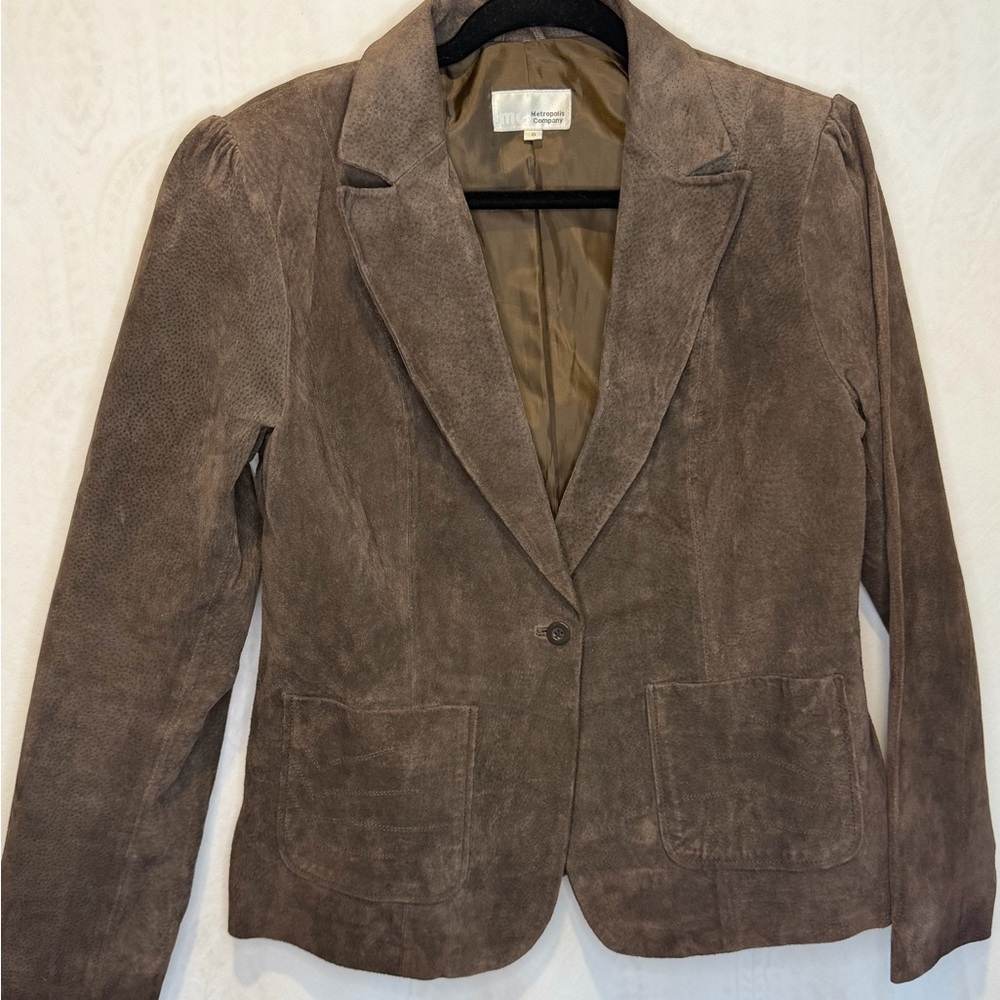 Brown Suede Leather Blazer Jacket Womens Large Vintage Boho